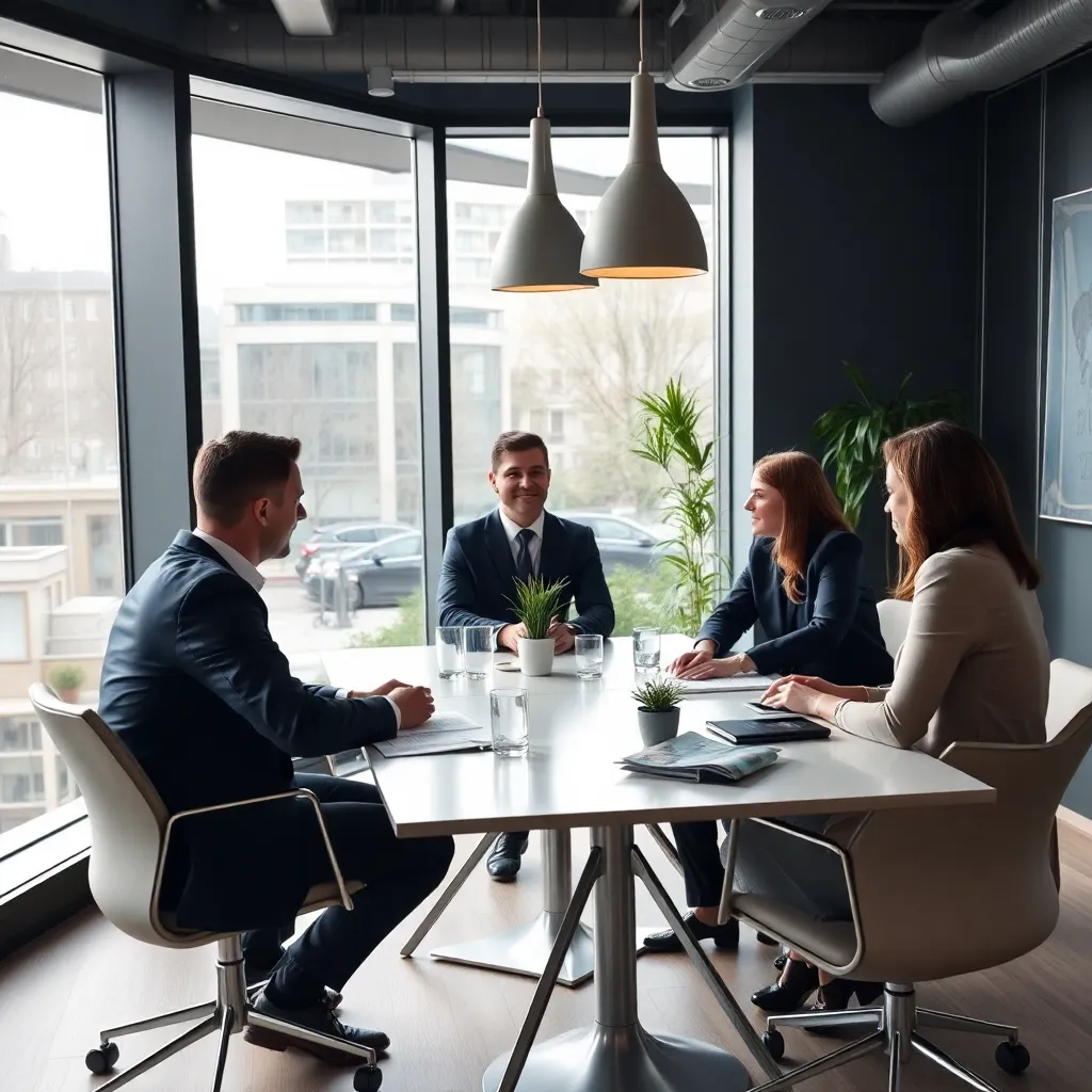 Geschäftsleute in einem strategischen Beratungsgespräch in einem modernen Büro in Frankfurt